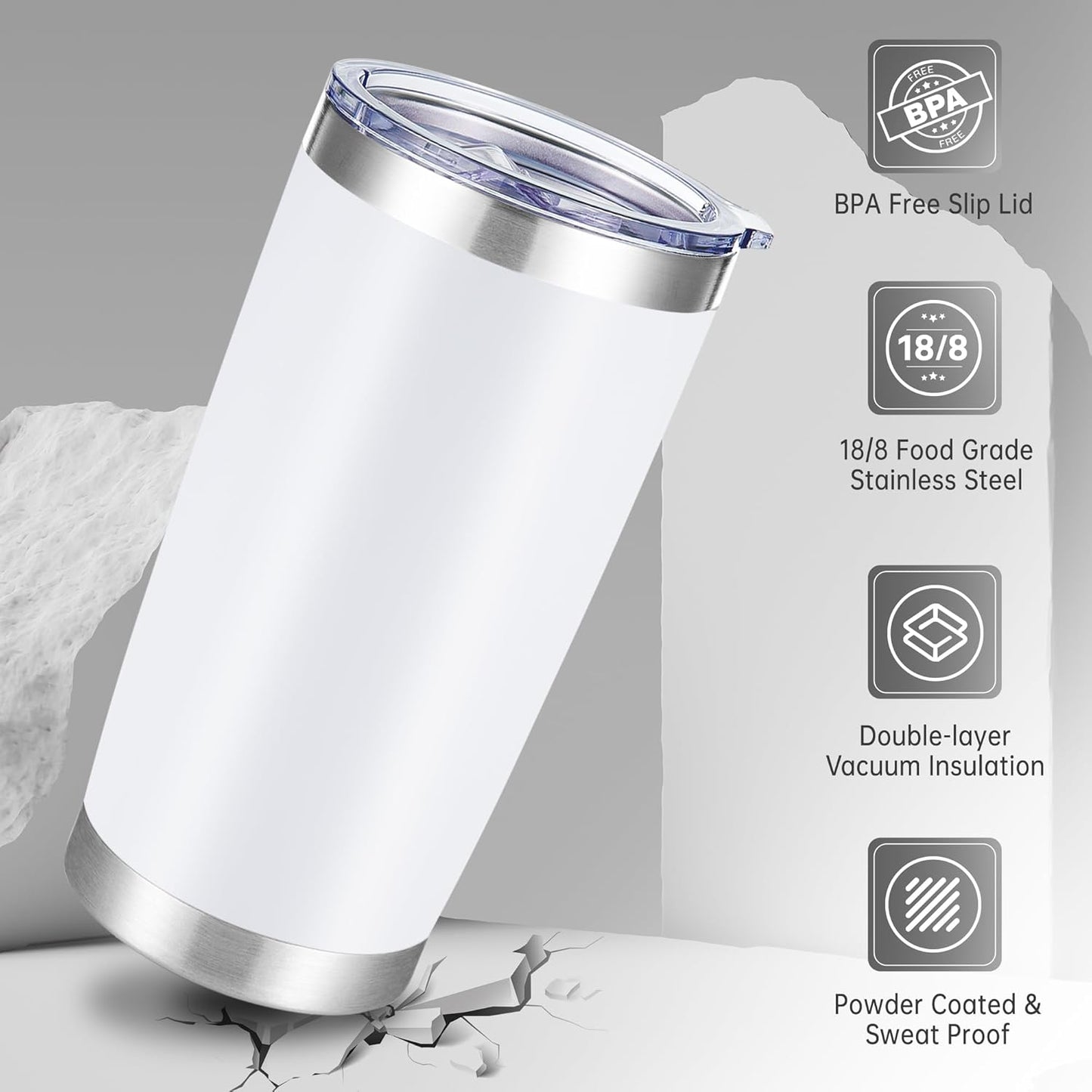 20 oz Tumbler Stainless Steel Tumblers with Lid Double Wall Vacuum Insulated Coffee Mug 20oz Powder Coated Cup for Hot and Cold Drinks, White, 1 pack