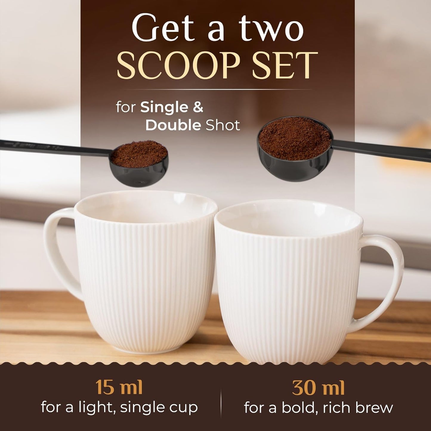 Orblue Premium Coffee Scoop Set - 1 Tbsp (15ml) & 2 Tbsp (30ml) Measuring Tablespoon - Stainless Steel Coffee Measuring Spoon and Scooper with Long Handles - Pack of 2 Black