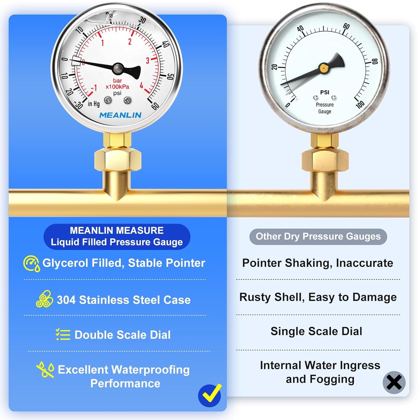MEANLIN MEASURE -30inHG~60Psi Stainless Steel 1/4" NPT 2.5" FACE DIAL Vacuum Pressure Gauge, Lower Mount, with 1/2" NPT and 3/8" NPT Hex Bushing