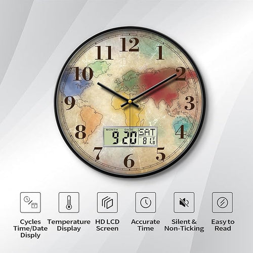14" Silent Non-Ticking Vintage Distressed World Map Wall Clock, Battery - Image 2