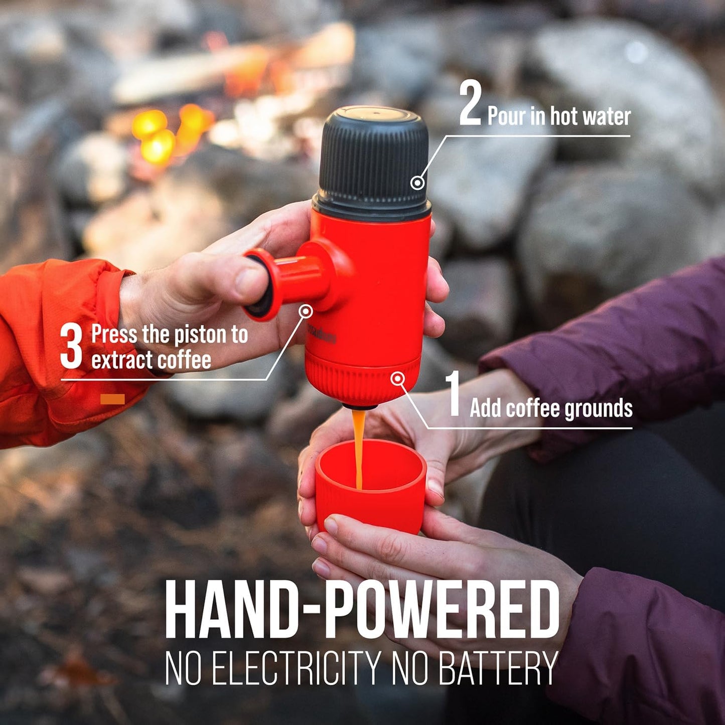 WACACO Nanopresso Portable Espresso Maker Bundled with Protective Case, Mini Travel Coffee Machine, Perfect for Camping, Travel Thanksgiving Christmas Coffee Present (Elements Lava Red)