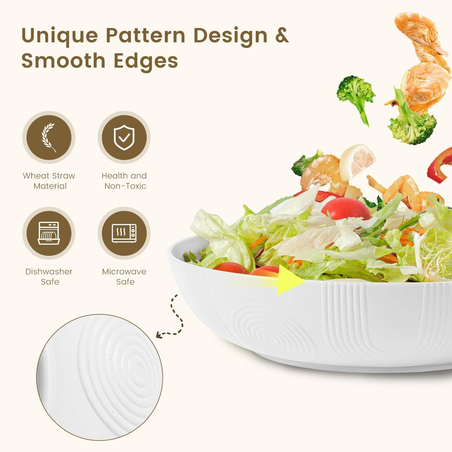 Homienly Wheat Straw Bowls,Large Salad Bowls Set of 2,Big bowls 60 OZ, Unbreakable Serving Bowls, Bowl Plates, Microwave & Dishwasher Safe Bowl Set for Outdoor, Kitchen, Serving, Camping (White)