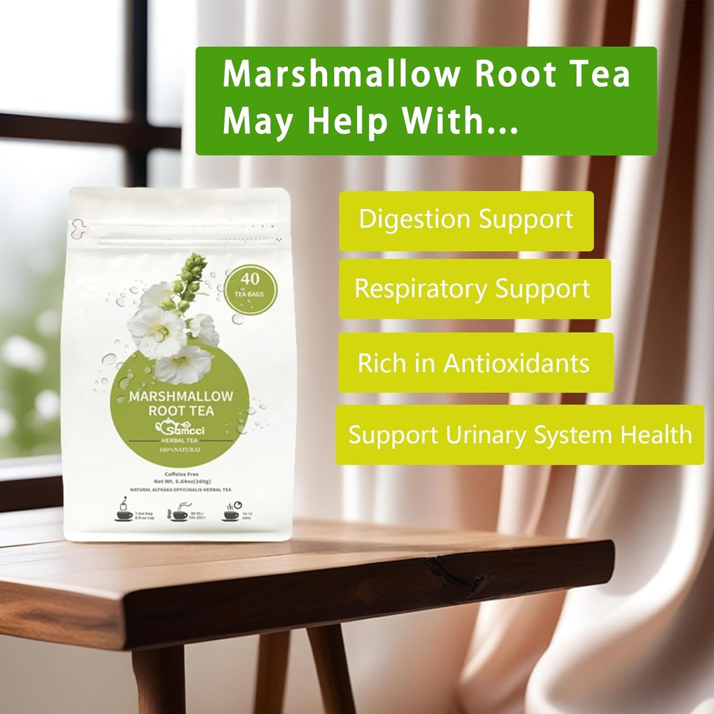 Samcci - Marshmallow Root Tea, 2g x 40 Tea Bags -100% Natural & Pure Dried Cut & Sifted Althaea Officinalis - No Sugar - No Caffeine - No Gluten - Vegan - Support Digestion & Respiratory
