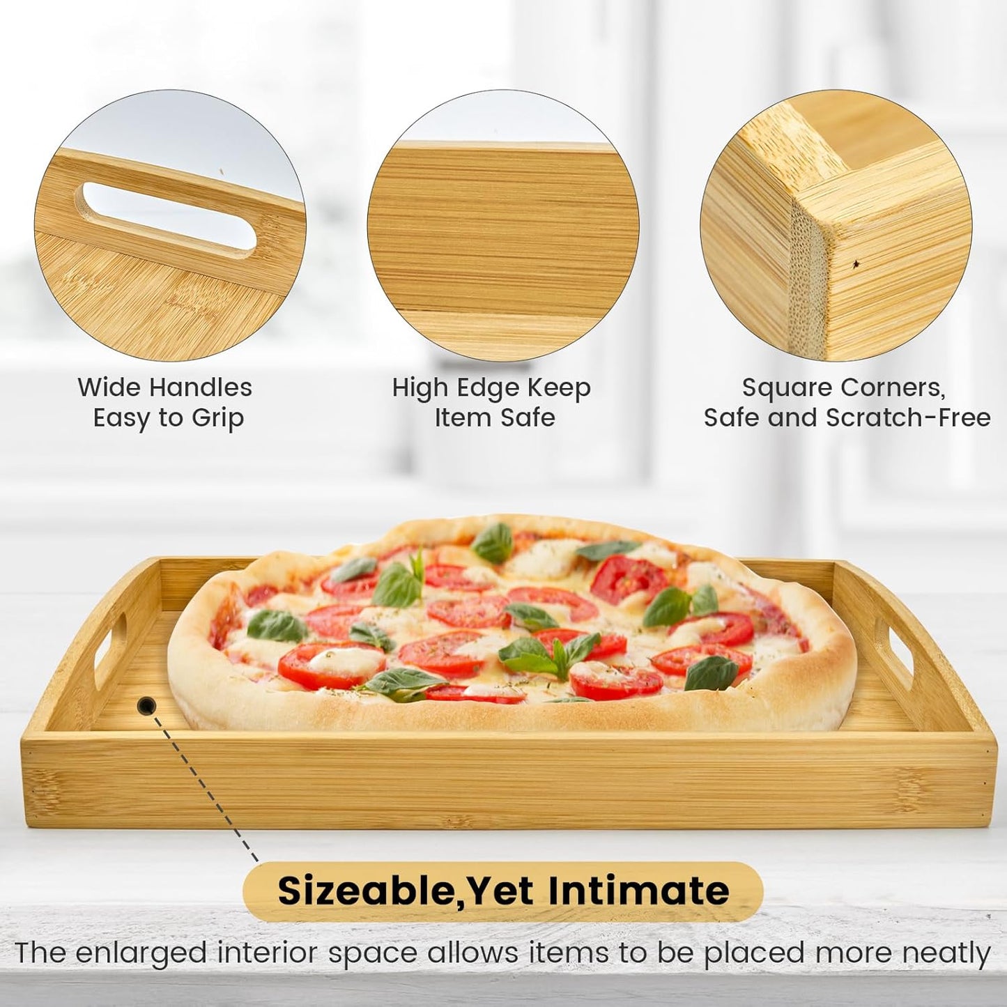 Bamboo Serving Tray with Handles Set of 4 - Decorative Wooden Trays for Eating, Working, and Storing, Suitable for Use in Bedroom, Living Room, Kitchen, Bathroom, Outdoor Scenarios and More
