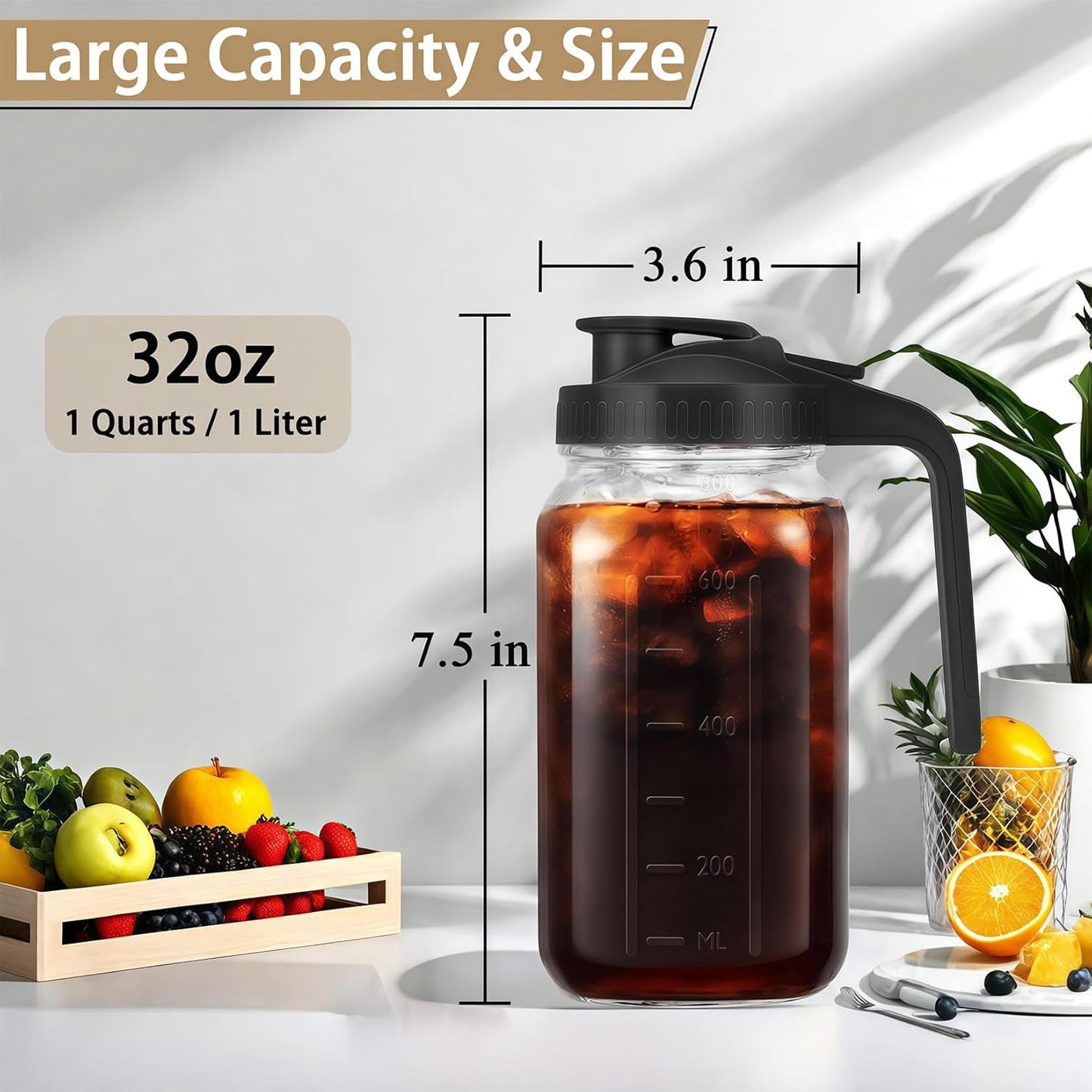 32oz Glass Pitcher with Handle and Lid, 1 Quart Mason Jar Pitcher - Airtight & Leakproof Water Jug with Pour Spout Lid, Glass Containers for Fridge, Perfect for Juice, Cold Brew, Iced & Sun Tea