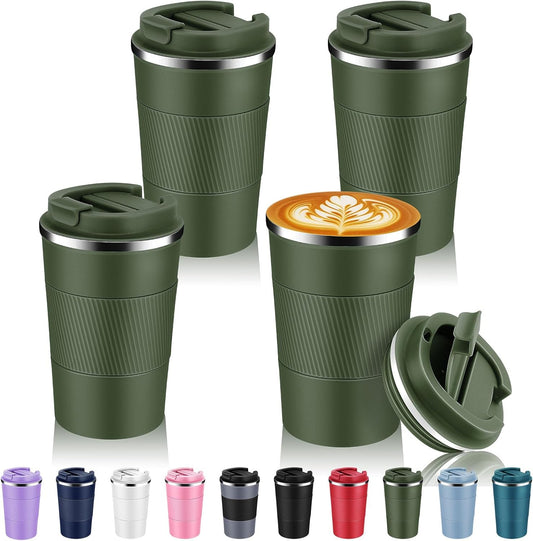 Volhoply 13 oz Stainless Steel Insulated Travel Coffee Mug with Fip Lid Bulk 4 Pack,Reusable Double Wall Vacuum Metal Coffee Cup,Portable Leak Proof Thermal Tumbler for Hot & Cold Drinks(Army Green,4)
