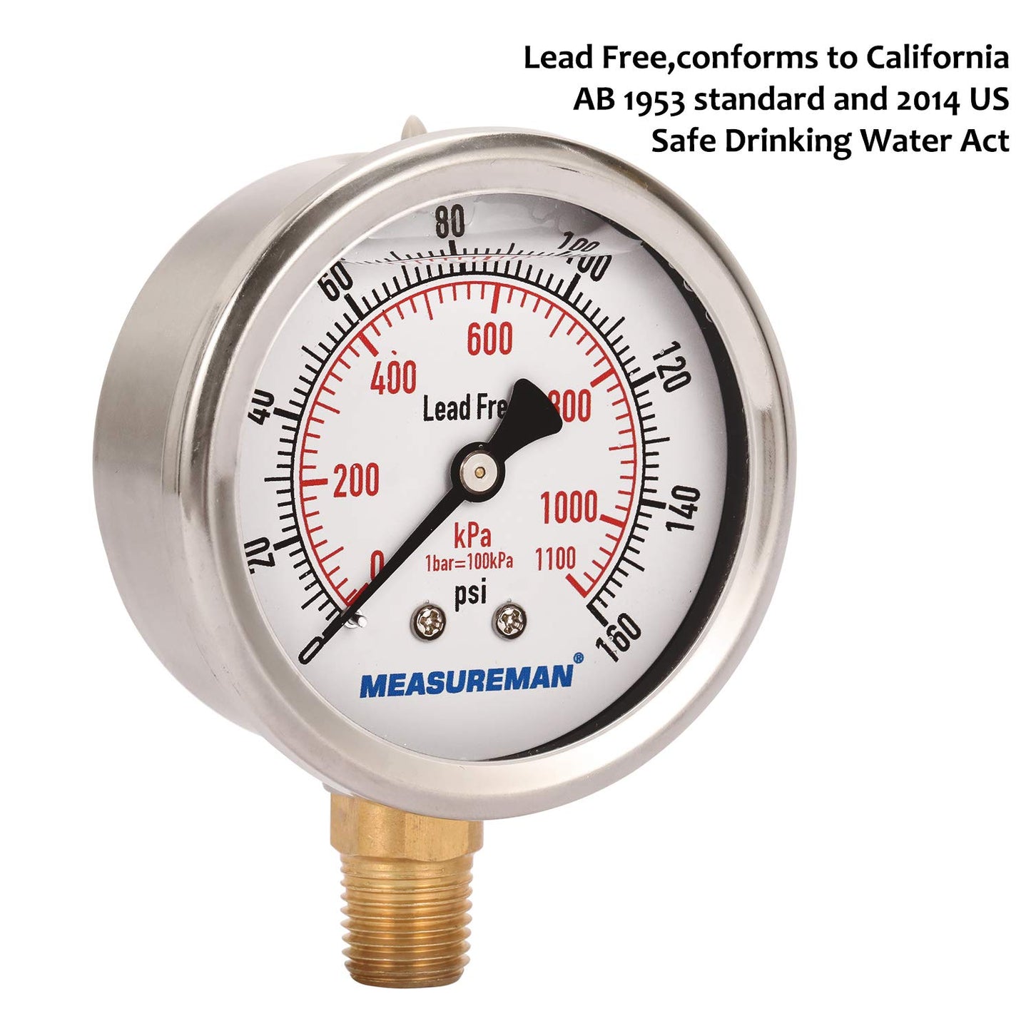 MEASUREMAN Lead-Free Pressure Gauge, 2-1/2inch Dial, Glycerin Filled, 0-160psi/kpa, Stainless Steel Case, 1/4inchNPT Lower Mount
