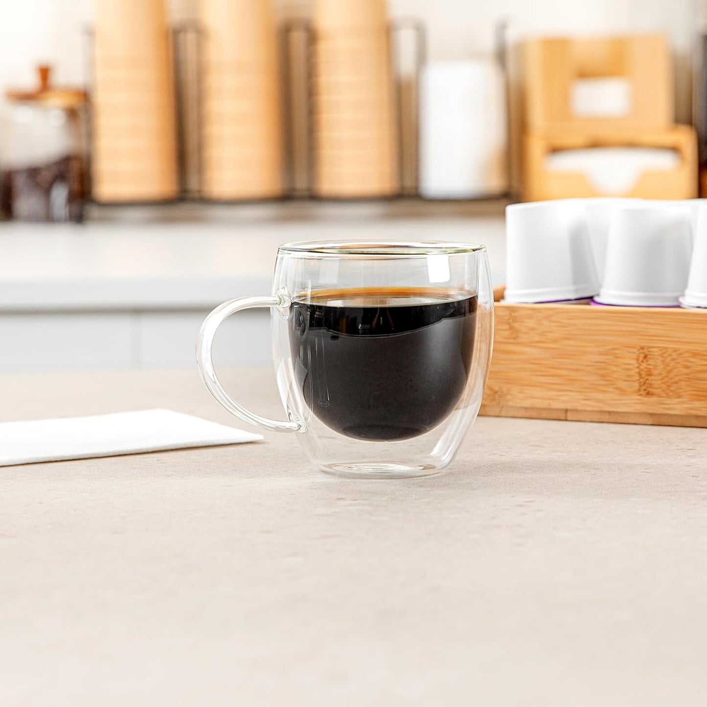 Restaurantware-Forma Professional 8.5 Ounce Glass Coffee Cups, 2 Insulated Coffee Cups With Handle - Dishwashable, Reusable, Clear Double Wall Beverage Tumblers, Freezable, For Hot Or Cold Beverages