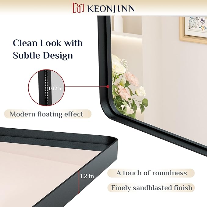 Keonjinn Black Bathroom Mirror, 20 x 30 Inch Rounded Rectangle Bathroom Mirrors - Image 3