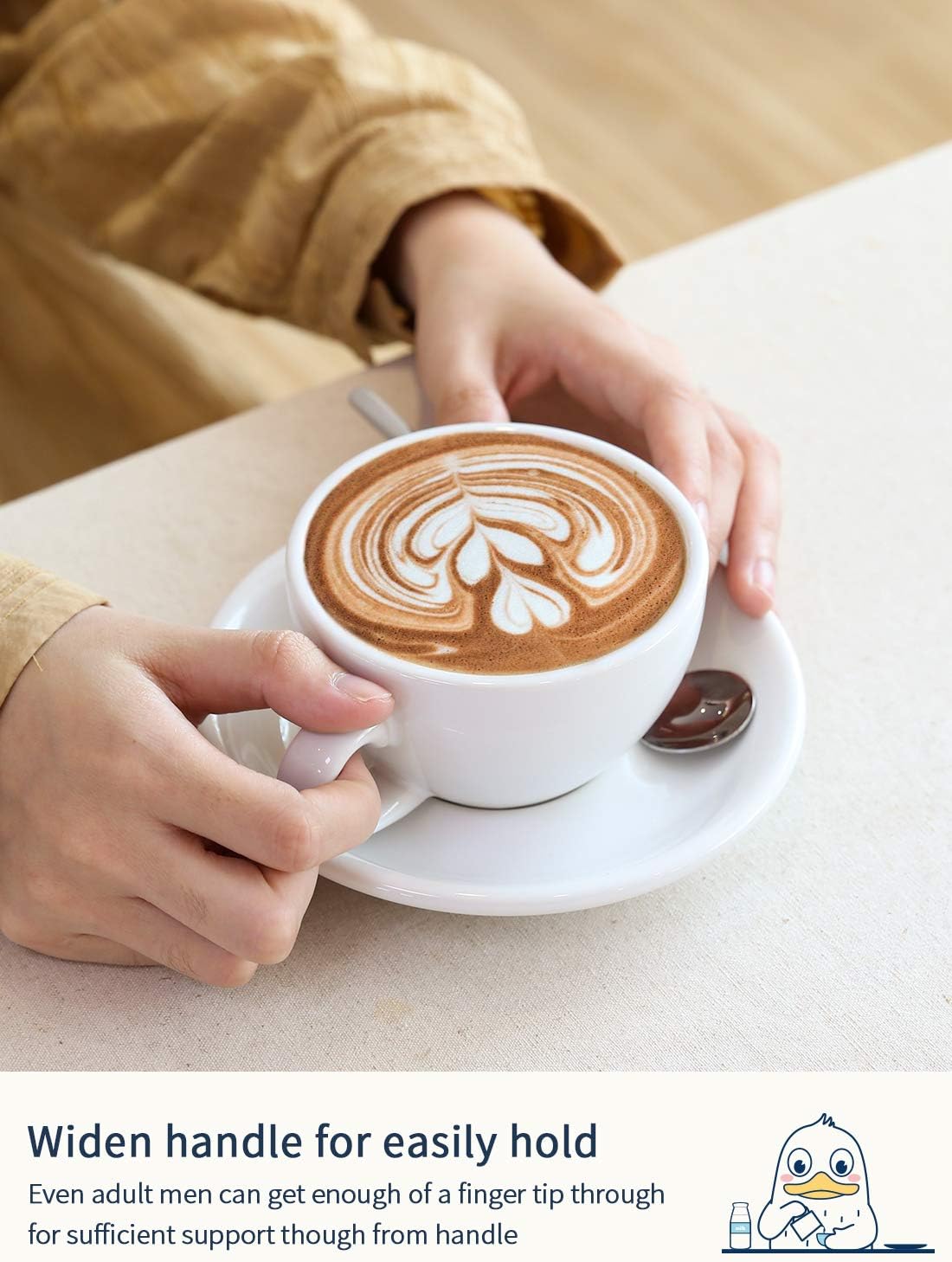 LE TAUCI 6 oz Cappuccino Cups with Saucers, Ceramic Coffee Cup for Au Lait, Double shot, Latte, Cafe Mocha, Tea - Set of 4, White