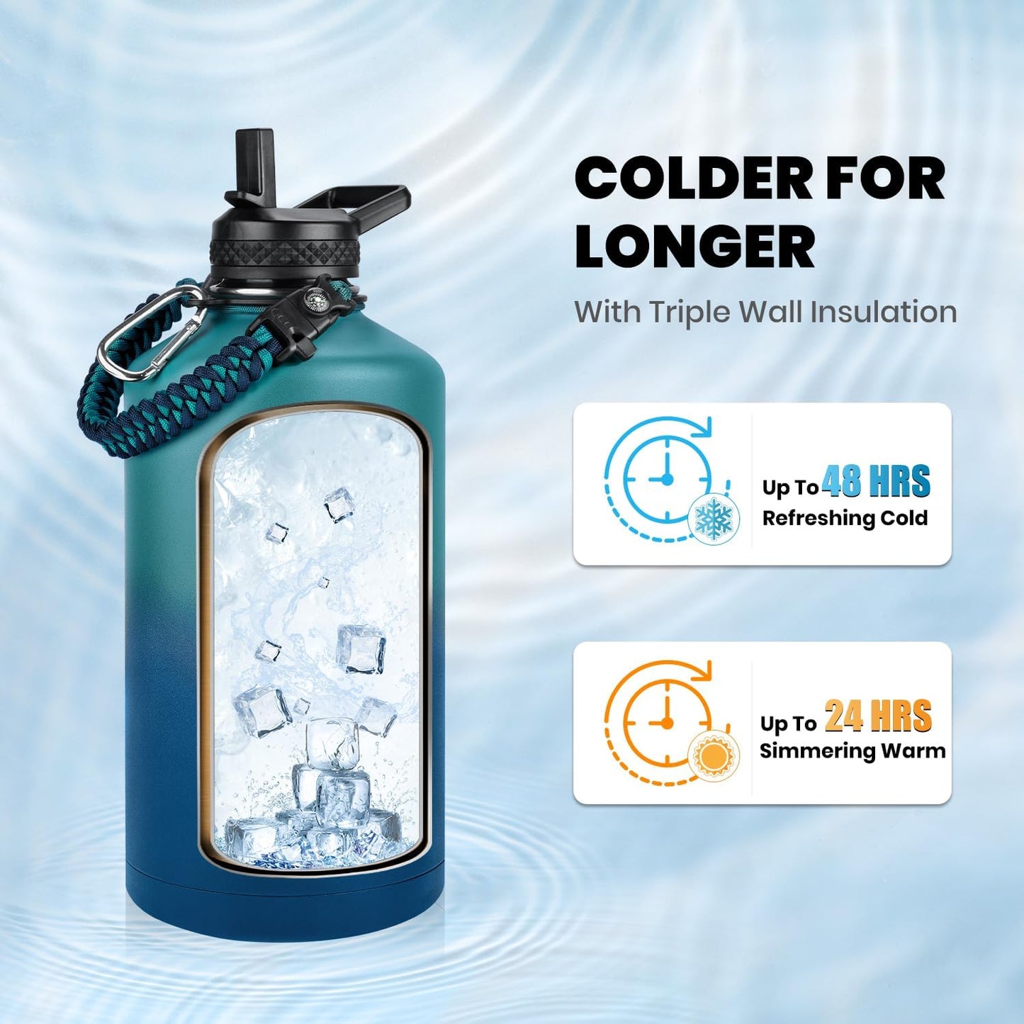 One Gallon Water Bottle Insulated, Triple Walled Vacuum Stainless Steel (Cold for 48 Hrs), Leak Proof & Non-BPA, Large Water Flask Jug with Paracord Handle & Straw Spout Lids
