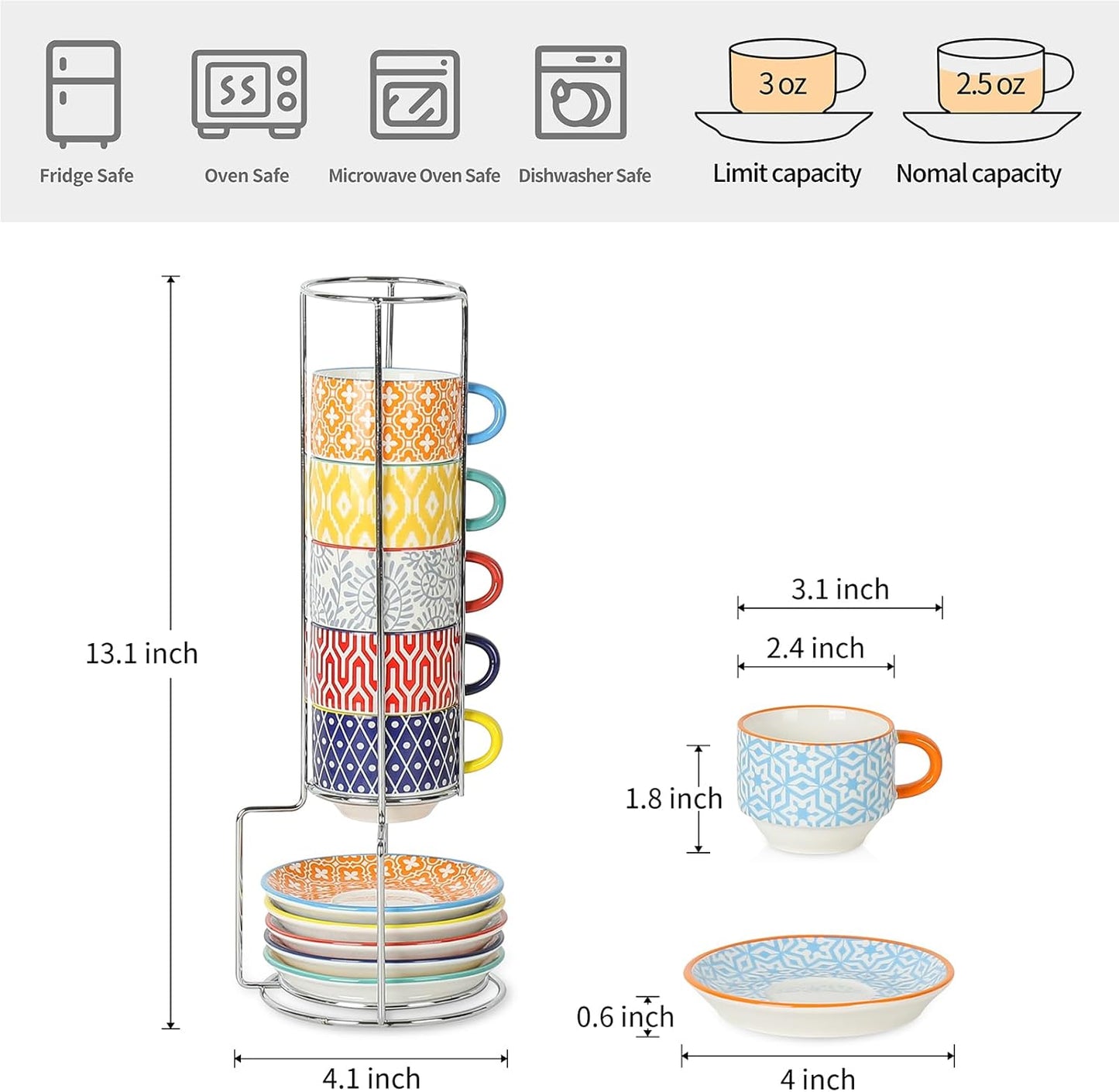 Selamica Ceramic Espresso Cups with Saucers, 2.5 OZ Stackable Demitasse Cups with Metal Stand, Mini Espresso Mugs for Latte Coffee Café Mocha Tea, Set of 6, Assorted Colors