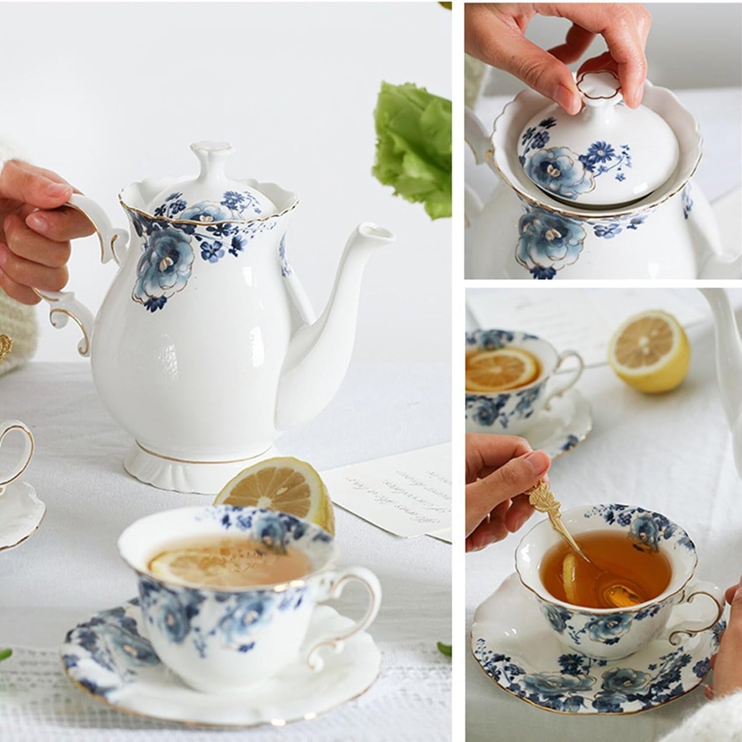 Bone China Tea Set for Adults, 13-Piece Blue and White Porcelain Tea Set for 4, Vintage Floral Tea Set With Teapot and Teaspoons, Tea Party Sets for Women Gift (Blue)