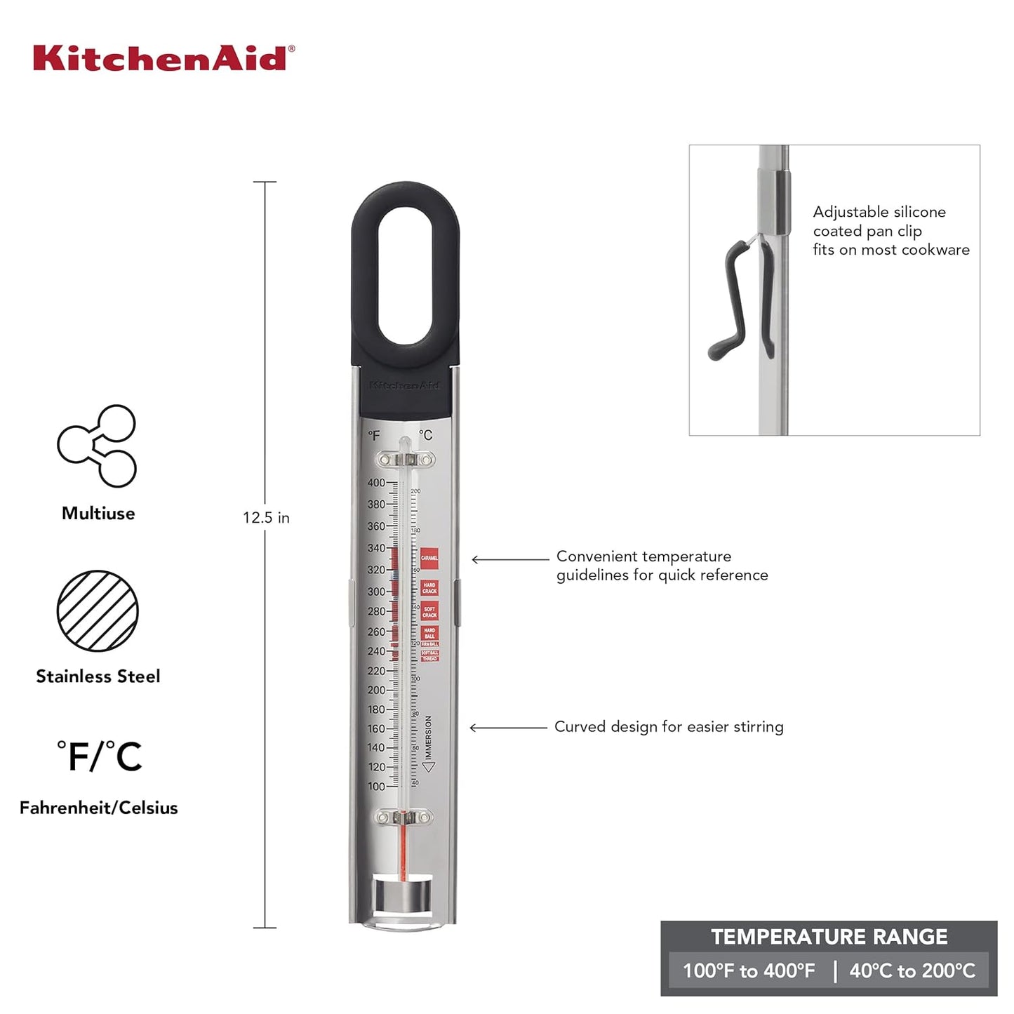 KitchenAid KQ907 Curved Stainless Steel Paddle Style Candy and Deep Fry Thermometer with pan clip, TEMPERATURE RANGE: 100F to 400F, Black