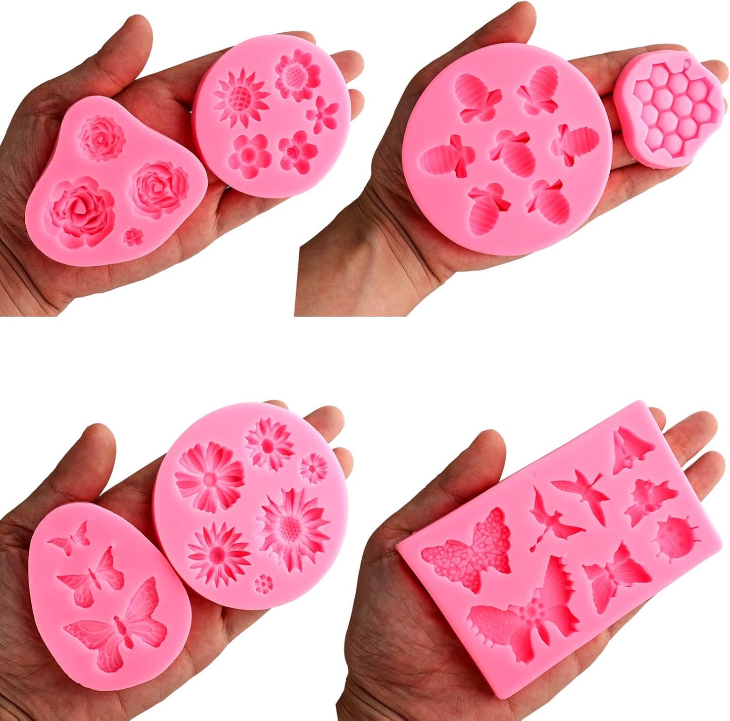 Silicone Mold Flower 8pcs Chocolate Fondant Polymer Clay Candy Gummy Mold,Rose Leaf Butterfly Bee Honey Shaped Silicone Molds for DIY Cake Cupcake Decor Craft