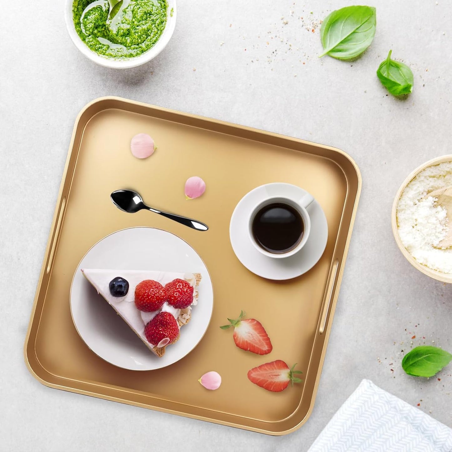 Square Gold Decorative Serving Tray with Handles, Versatile Ottoman Tray for Coffee Table, Entertaining, Outdoor Patio, Living Room, 13”*13”*1.6”