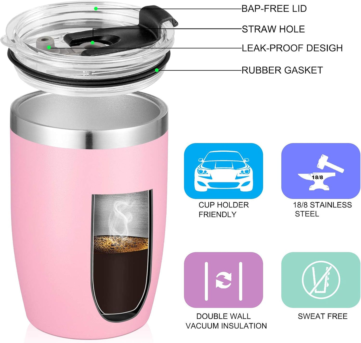 VEGOND Stainless Steel 12 oz Tumblers bulk Vacuum Insulated Double Wall Travel Tumbler with Lid and Straw Reusable Tumbler,Pink 12 pack