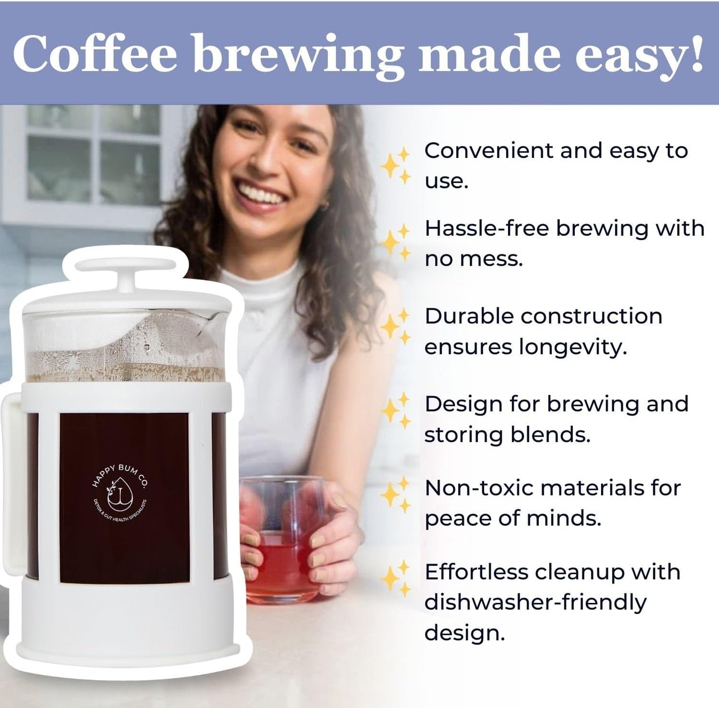 Happy Bum Coffee Plunger | 1 Liter(33.8oz) Glass French Press Stainless Steel Strainer | Easy to Use & Clean French Coffee Press Glass for Brewing and Storing Coffee Blend