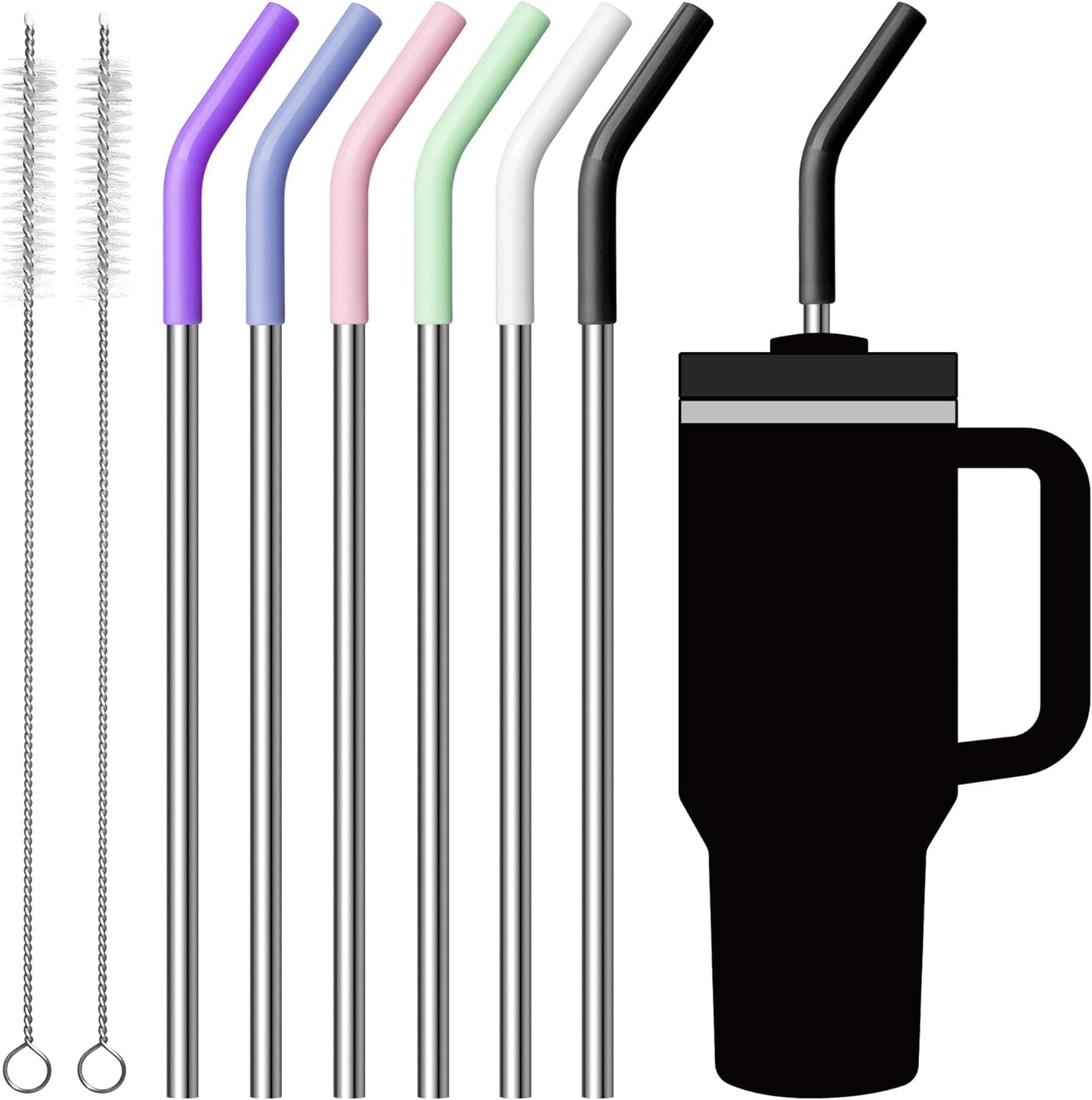Stainless Steel Straws for 40oz Stanley Cup Tumbler, 40 oz Metal Reusable Replacement Straight Straws for Simple Modern/Meoky/Owala Tumbler,6 Silicone Tips