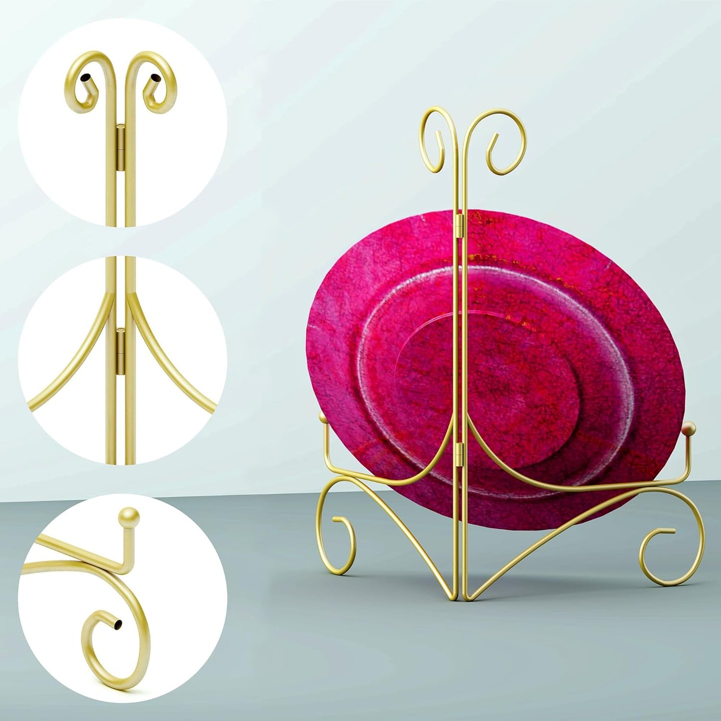 10 Inch Display Plate Stand with Folding Design, Metal Plate Holder for Tables, Picture Easel for Home Decoration, Photo Frame Stand, 10'' Gold, 2-Pack