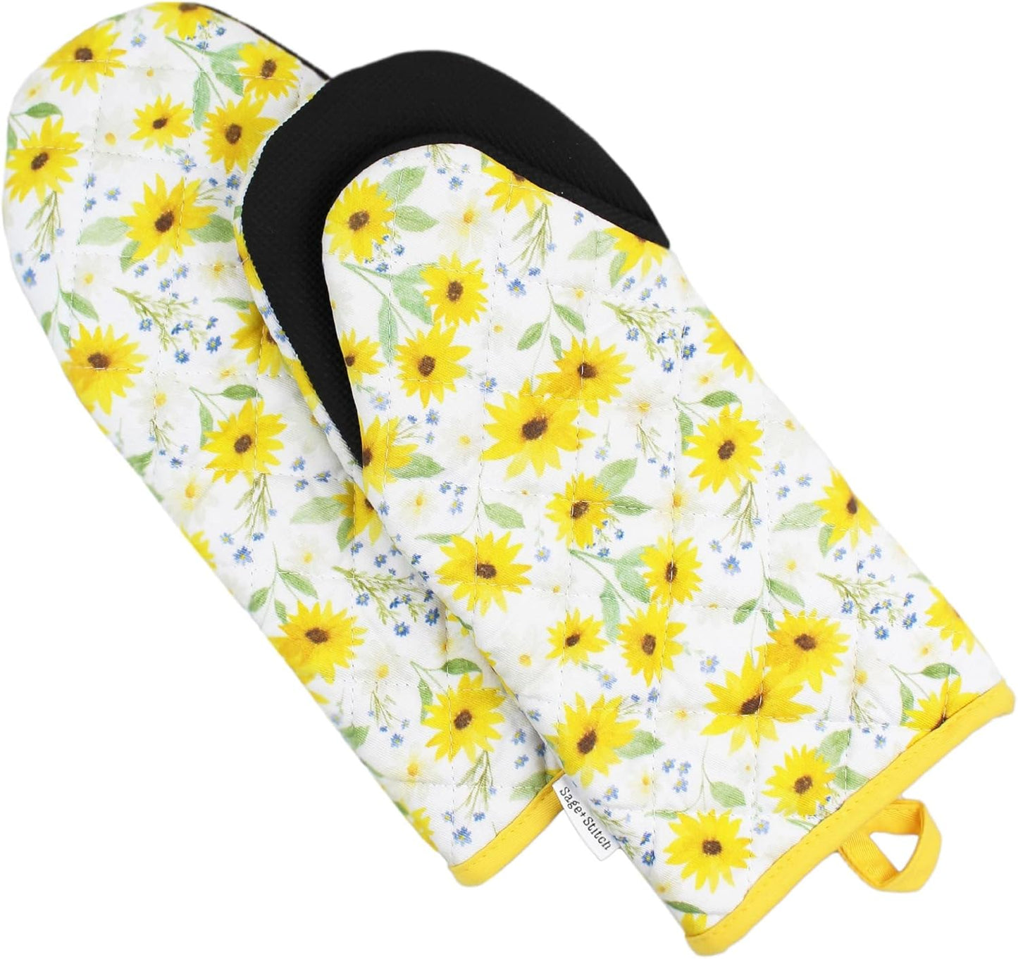 Heat Resistant Designer Kitchen Oven Mitts with Neoprene Non-Slip Grips and Hanging Loops | Set of 2 100% Cotton Long Sleeve Kitchen Oven Mitts | 5.5" x 12" | Sun Flowers