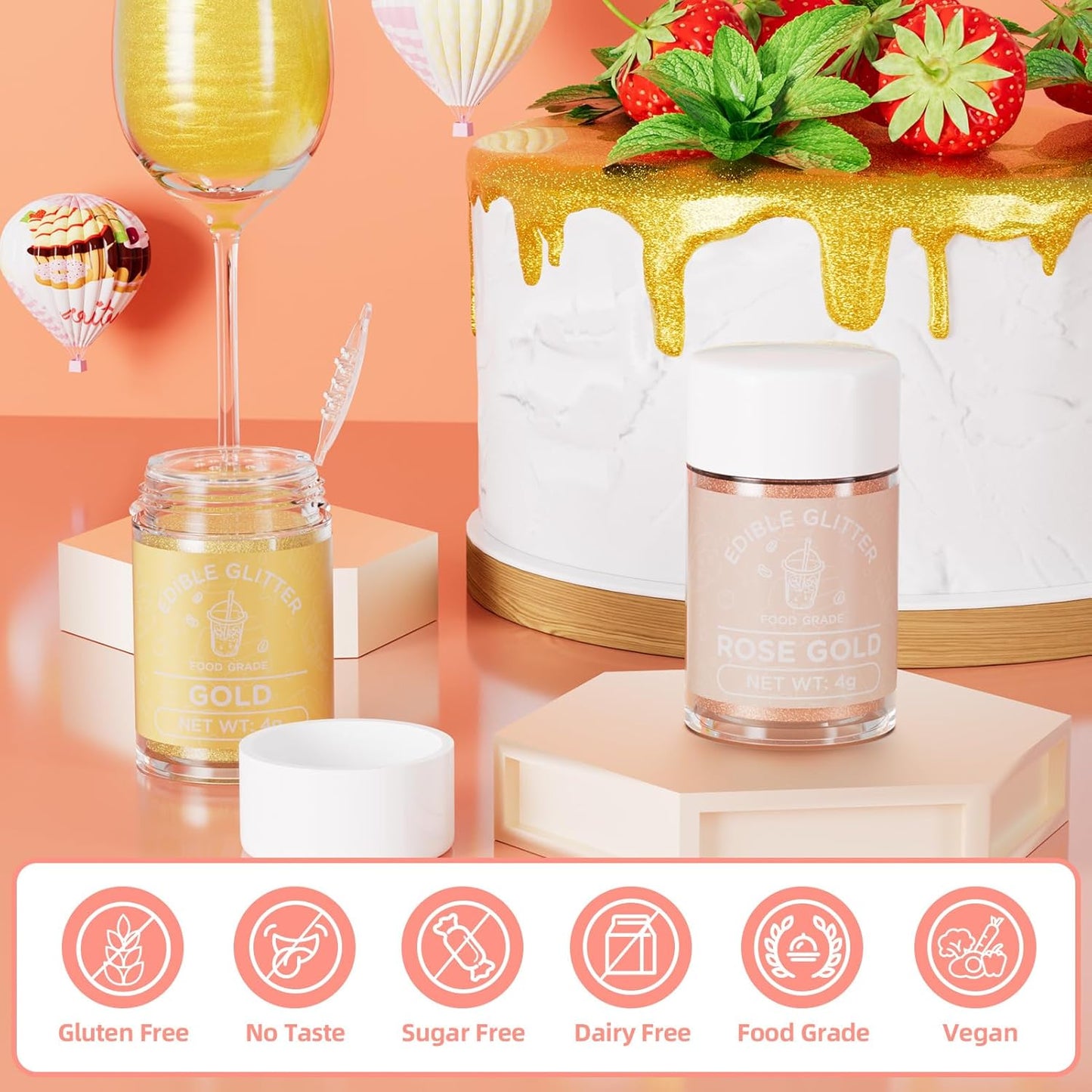 Cherrysea Edible Glitter for Drinks Cocktails Food Grade Edible Drink Shimmer Powder for DIY Champagne Beverages Wine 2 Colors Vegan Edible Luster Dust Set 4g/Bottle Gluten Free - Rosegold & Gold