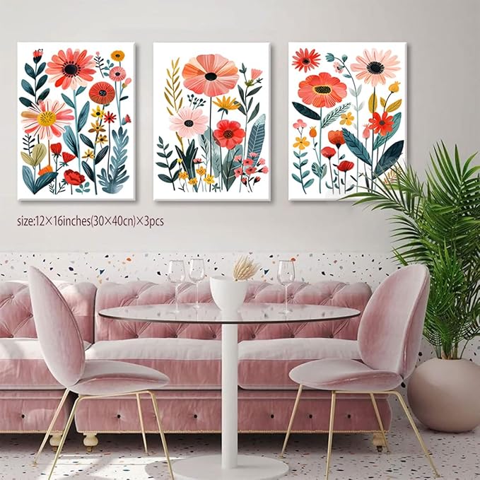 KISSFOX Framed Colorful Wildflower Canvas Wall Art Set Of 3 Flowers Pictures - Image 2