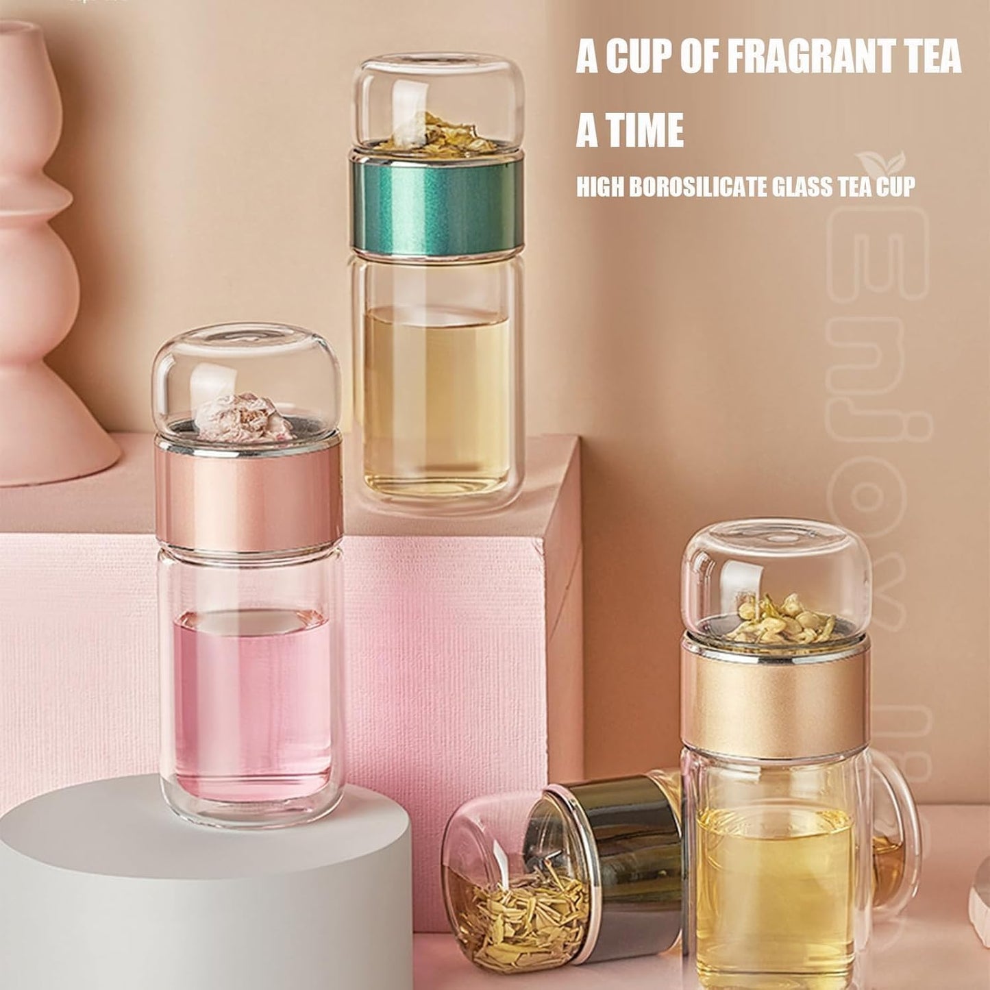 QUROXO 2025 New Tryteava Glass Infuser, Teava 3-In-1 Smart Tea Infuser with Cup Brush, Double-Layer Borosilicate Glass Tryteava Tea infusers Separation Cup (Silver, 420ml (14oz))