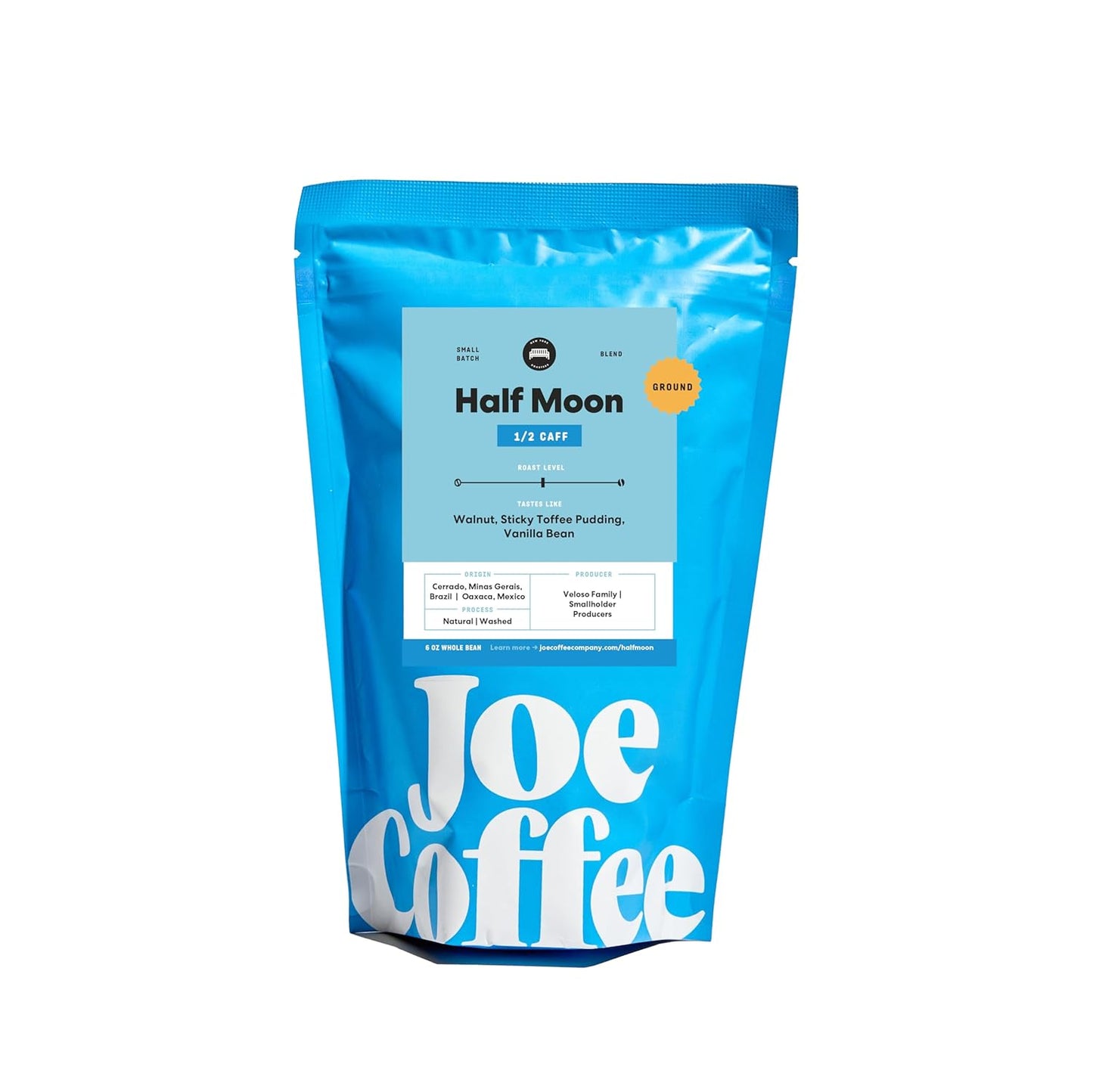 Joe Coffee Company - Half Moon Half Caffeinated Ground Specialty Coffee, 6 oz Bag | NYC Roaster, Rainforest Alliance Certified, Kosher, Climate-Friendly