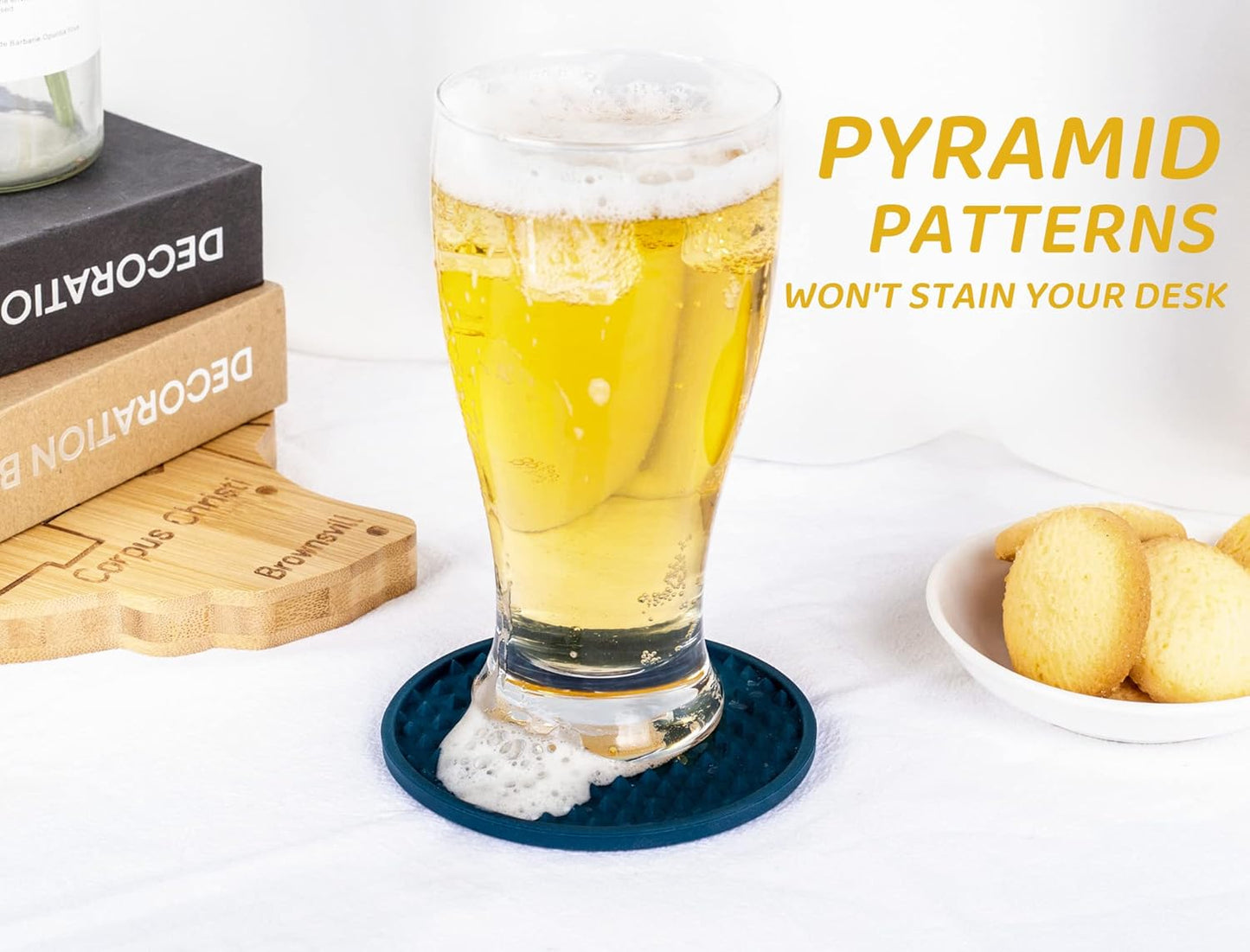 Coasters for Drinks 6 Pcs Drink Coaster with Holder,Heat Resistant Silicone Cup Mat Tabletop Protection,Non-Slip Rubber Coasters for Kinds of Cups (Blue)