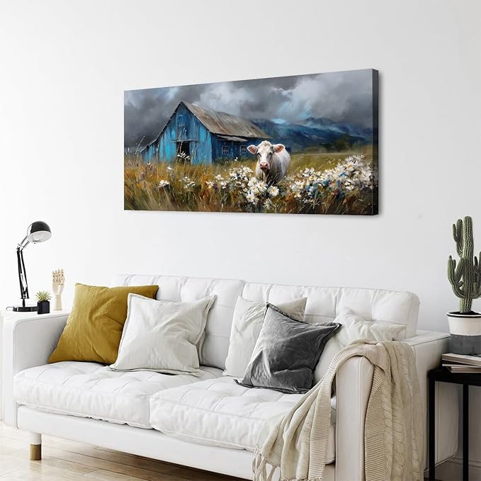 AIYISU Farmhouse Cow Wall Art Rustic Barn Landscape Pictures Wall Decor Blue - Image 6
