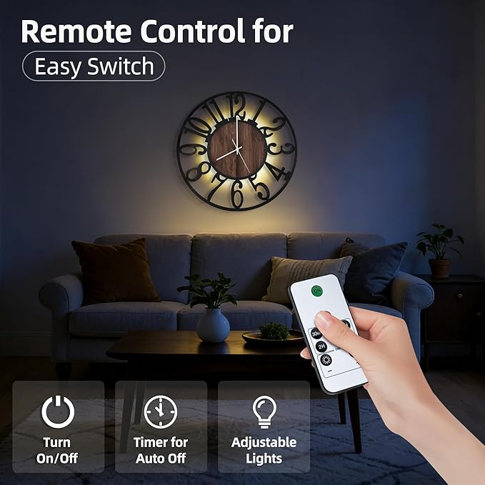 20'' Silent Wall Clock with Adjustable Night Light, Glow in The Dark Decorative - Image 2