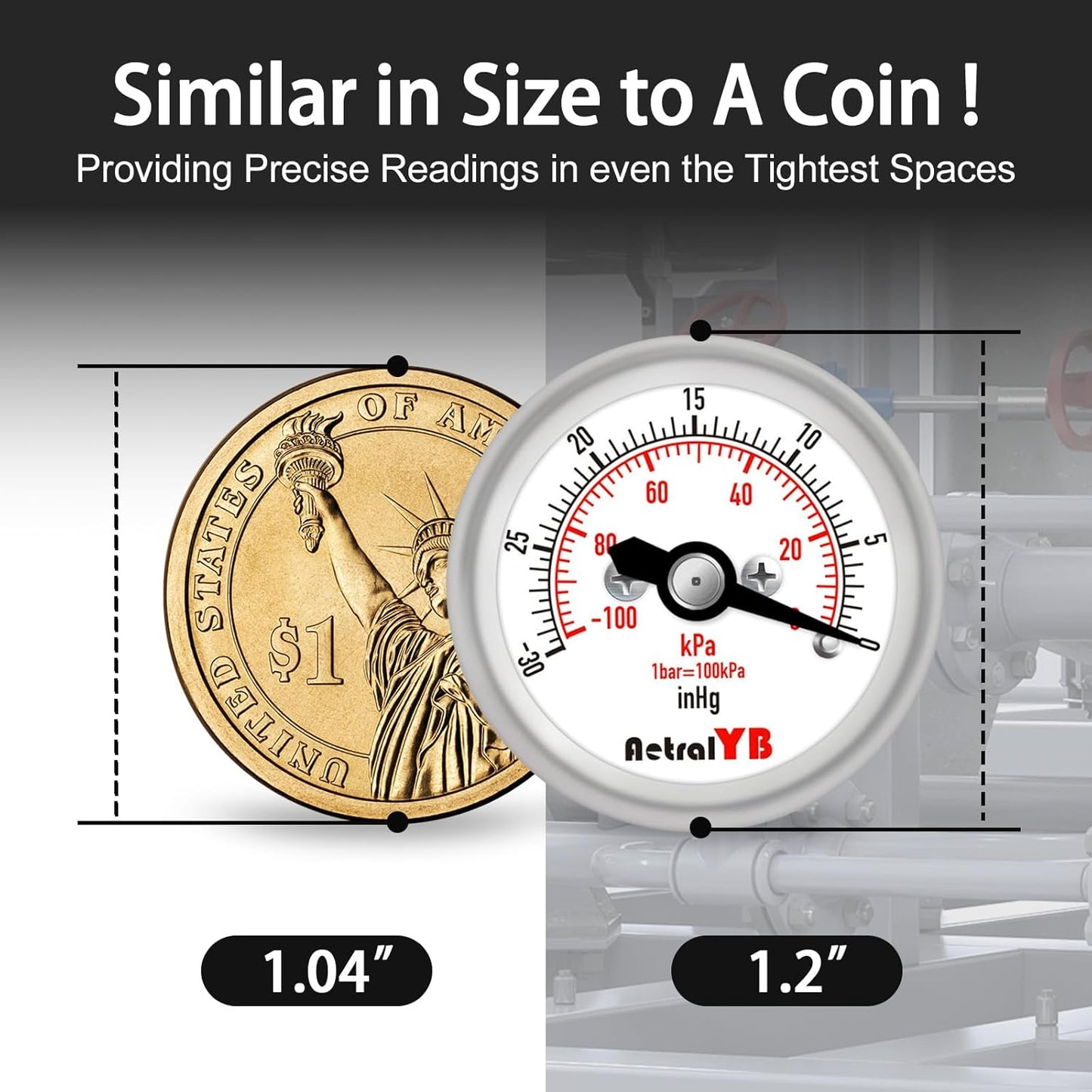 Mini Vacuum Pressure Gauge,Stainless Steel Housing,Brass Internal,1.2 Inch Dial,-30INHG/-100Kpa,NPT 1/8" Back Mount,Dry Type,Lead-Free, for Vacuum Pressure Test