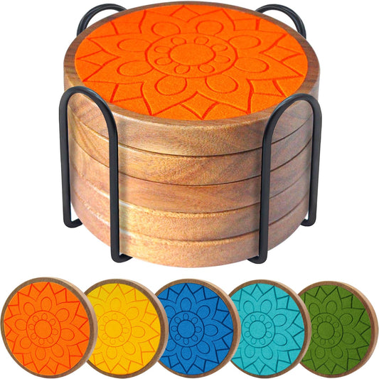 Coasters for Drinks Absorbent 5 Pack, Coasters for Coffee Table with Holder, Wood Coasters with Felt Pads, Non-Slip, Non-Stick, Suit for Kinds of Cups 4.3 inch (Colorful), Round