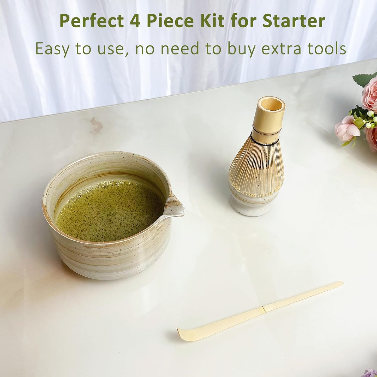 4pcs Matcha Set, Japanese Matcha Kit with Whisk, 17oz Ceramic Bowl with Spout, Whisk Holder & Bamboo Scoop for Starter, Tea Ceremony, Tea Lover, Gift