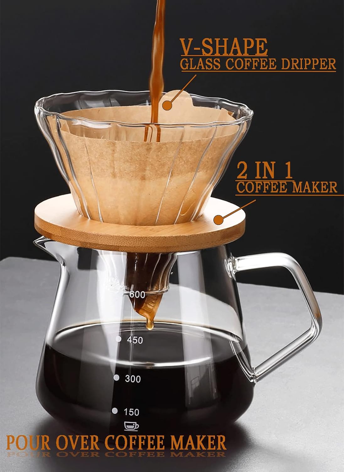 Pour Over Coffee Maker - 20 OZ /600ML Glass Carafe Coffee Server with Glass Coffee Dripper/Filter, Drip Coffee Maker Set for Home or Office, 1-5 Cups