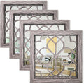 Set of 4 14 Inch Square Brown Window Pane Wall Mirrors, Shatterproof Rustic by HMANGE