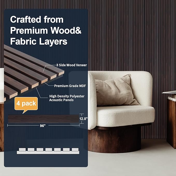 NeatiEase Wood Panels for Wall, 4-Piece 96" x 12.6" Soundproof Wood Slat Wall - Image 2