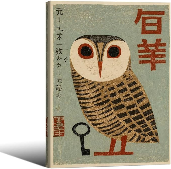 Vintage Japanese Framed Wall Art Owl Poster Mid Century Animal Print 11x14in by Heltrappe