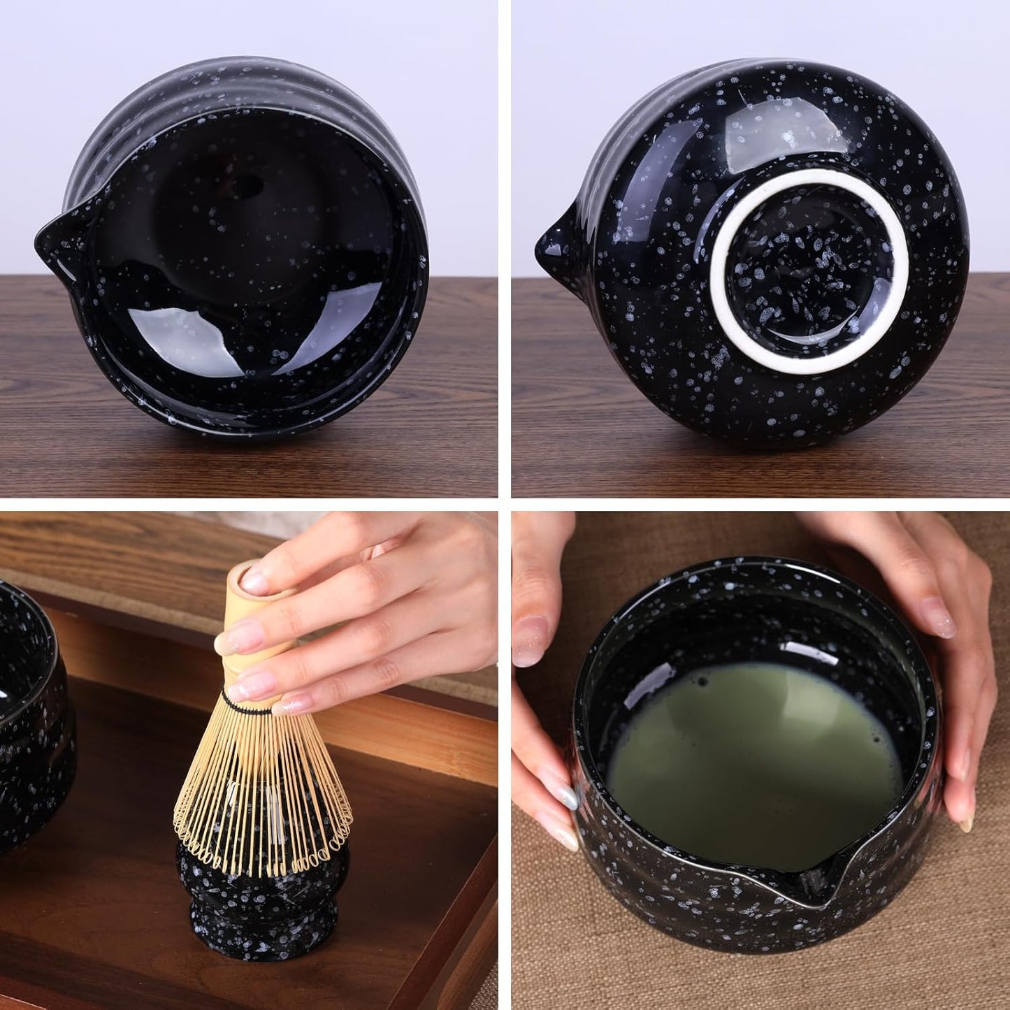 Japanese Ceramic Matcha Bowl - 16oz Speckle Glaze Chawan & Whisk Stand for Perfect Froth, Dishwasher Safe Black