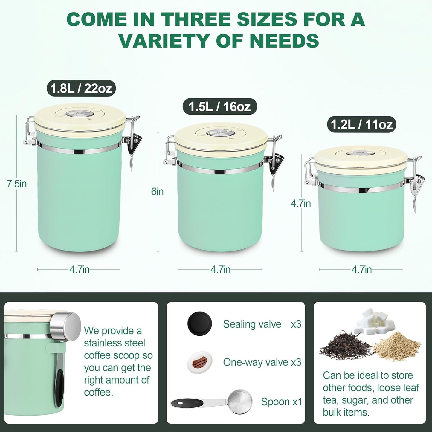 ShanSon Coffee Canister Airtight Coffee Container Stainless Steel Coffee Bean Storage Container with Scoop Coffee Canister for Beans Grounds Sugar Flour Tea Cereal,11OZ,Green