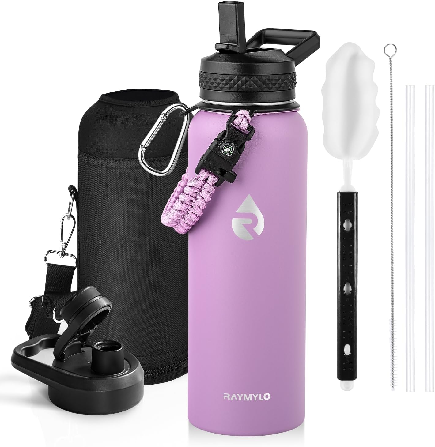 Insulated Water Bottle 40 oz, Triple Wall Vacuum Stainless Steel (Cold for 48 Hrs), Leak Proof & Non-BPA, Modern Water Flask Jug with Paracord Handle & Straw Spout Lids, Lilac