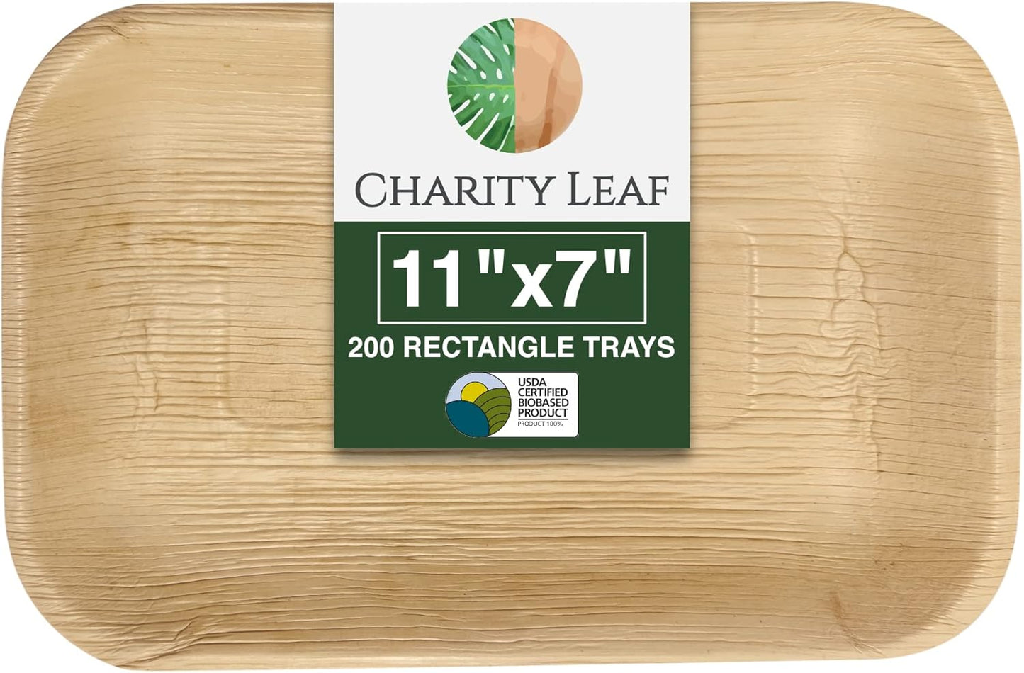 Charity Leaf Palm Leaf Trays 11"x7" (200-Pack) | Eco-Friendly, Biodegradable | for Weddings, Parties & Catering