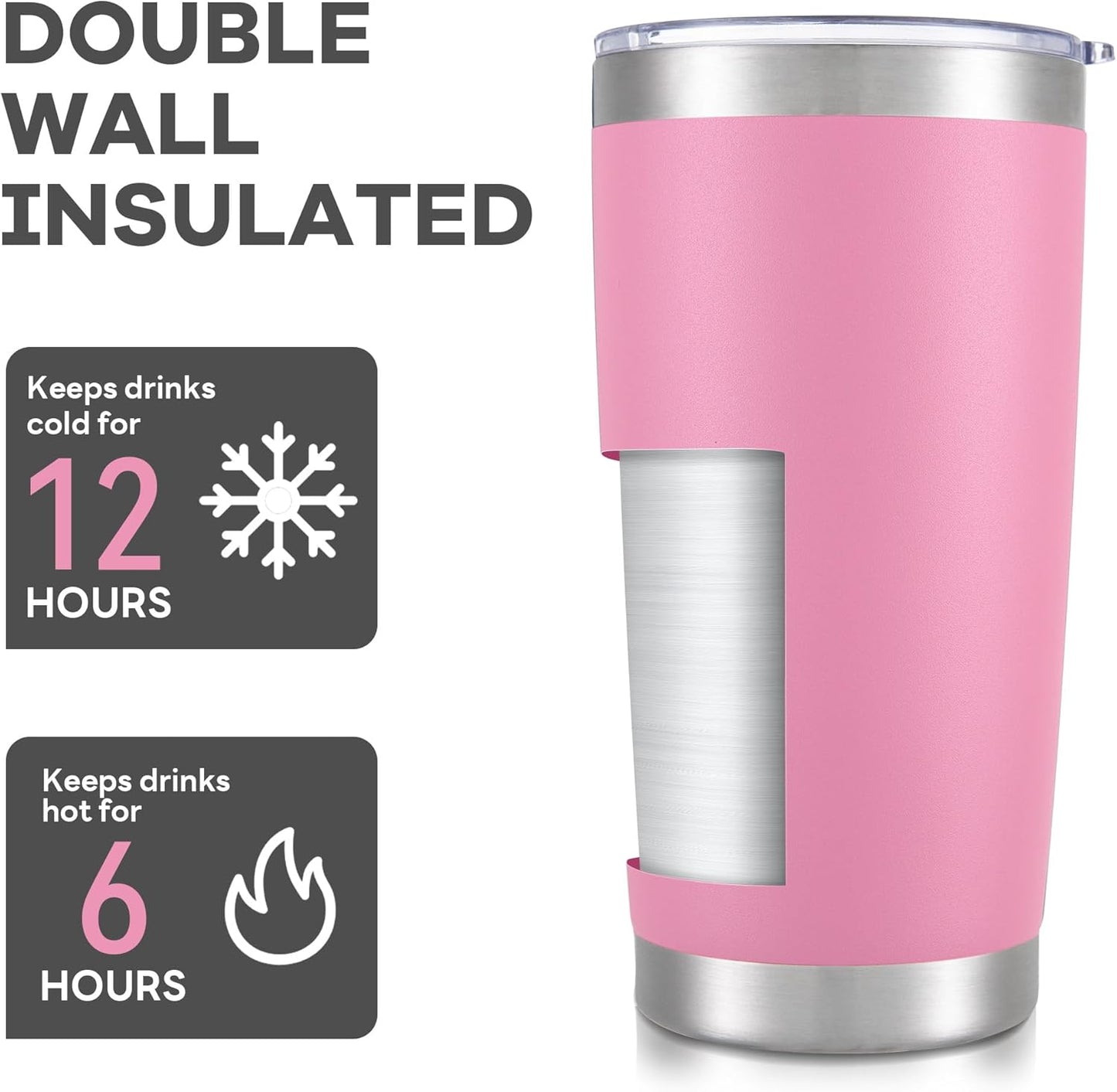 20 oz Tumbler with Lid Stainless Steel Insulated Tumblers Bulk Double Wall Vacuum Cups Powder Coated Travel Mug Keep Drinks Cold and Hot, Pink, 12 Pack