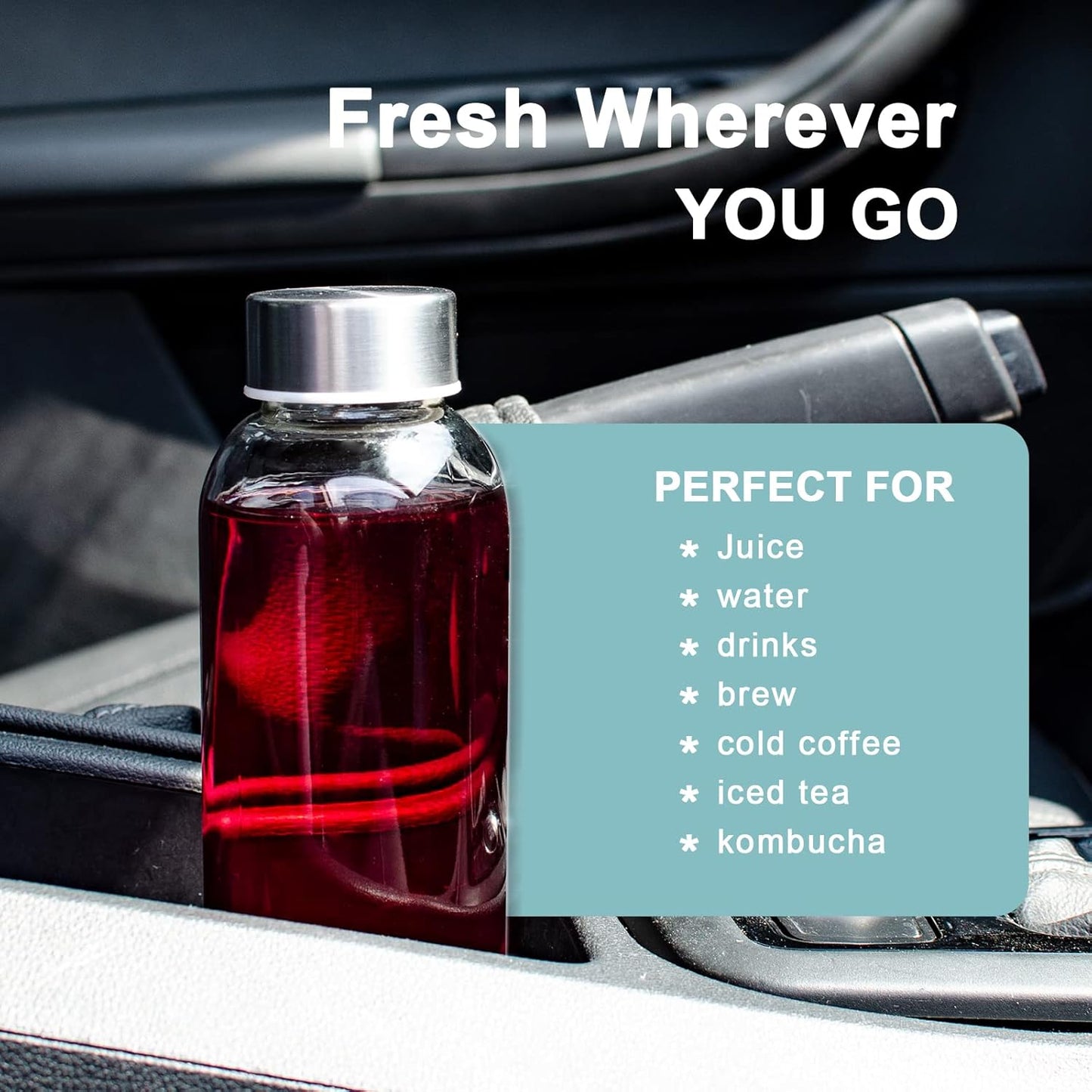 Clear Glass Bottles with Lids 18 oz, Reusable Glass Water Bottles with Stainless Steel Cap for Juicing, Refrigerator,100% Leak Proof, BPA Free, Juice Water Bottle Set of 6