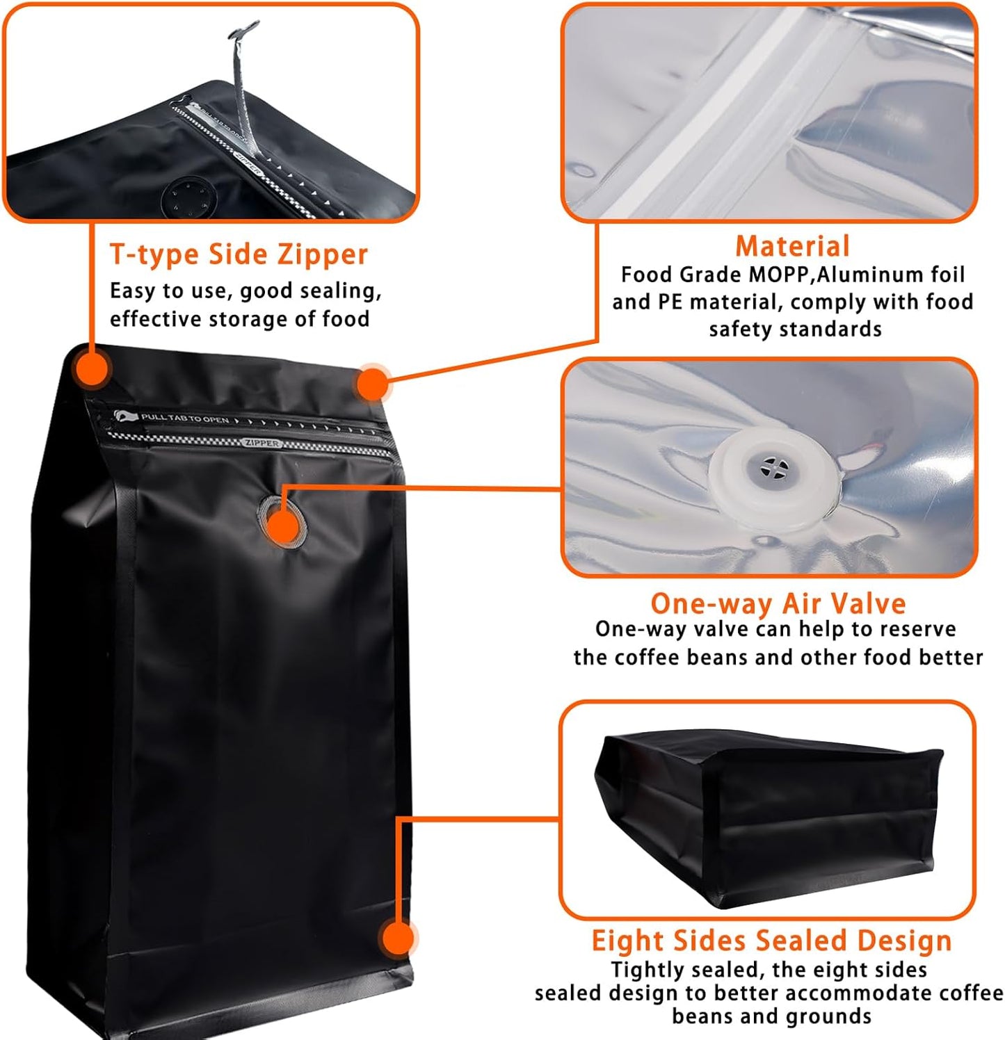 Coffee Bags with Valve (50 PCS,16oz/1lb) Black High Barrier Aluminum Foil Flat Bottom Standing Coffee Beans Storage Packaging Bags, Reusable Heat Seal Side Zipper Pouches for Small Business and Home