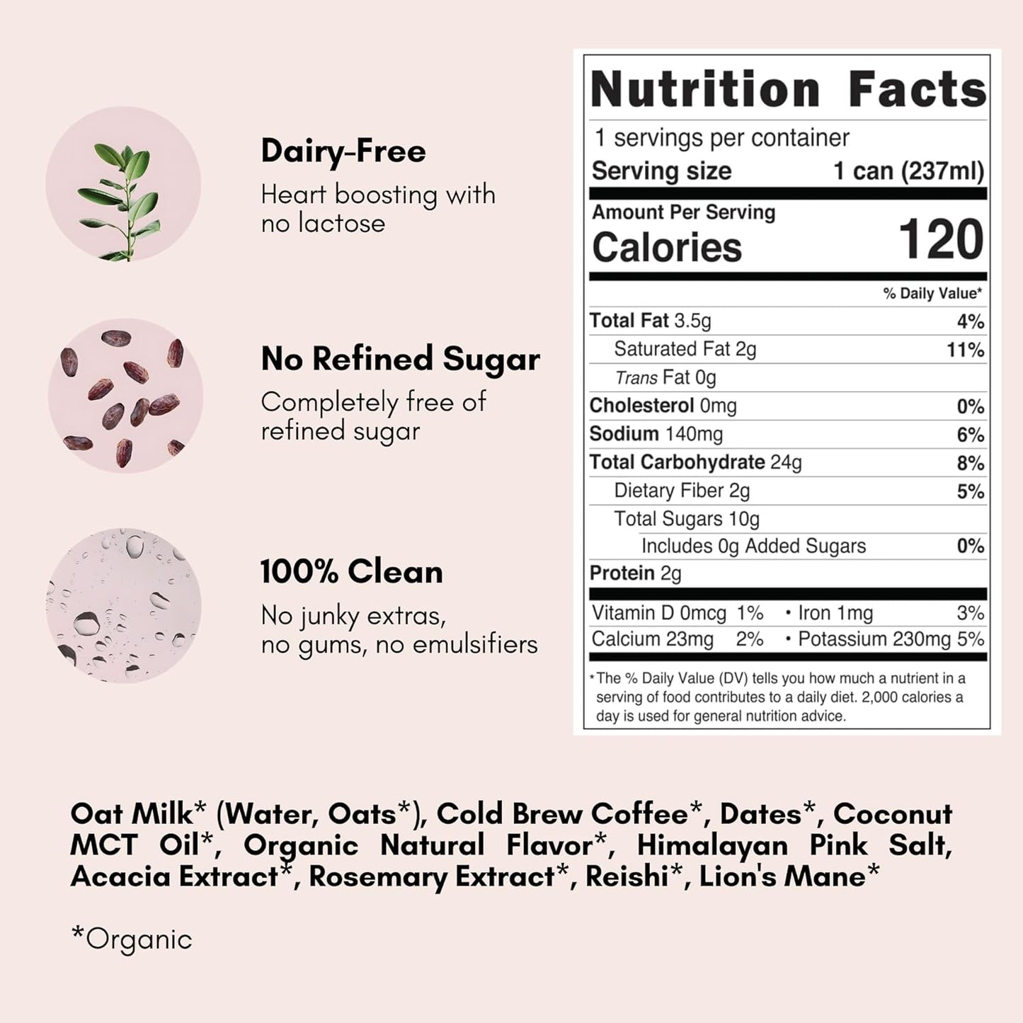 Pop & Bottle, Oat Milk Lattes - Cold Brew with Lions Mane & Reishi, MCT Oil, Single Shot Cold Brew, Mushrooms, Organic, Dairy Free, Gluten Free, Great as Iced Coffee, Lightly Sweetened with Dates - Caramel, 8 Fl Oz (12 Pack)