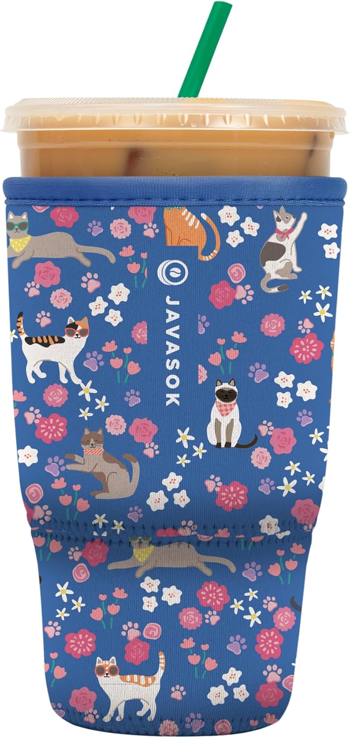 Sok It JavaSok Iced Coffee & Cold Soda Insulated Neoprene Cup Sleeve (Purr-fection, Large: 30-32oz)