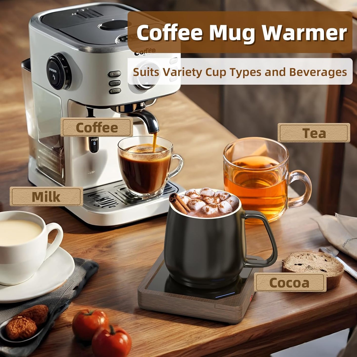 Coffee Mug Warmer with 2 USB Charging Ports: Auto Shut-Off Candle Wax Warmer - Heated Beverage Coffee Accessories for Home Office Desk - U1 Wood