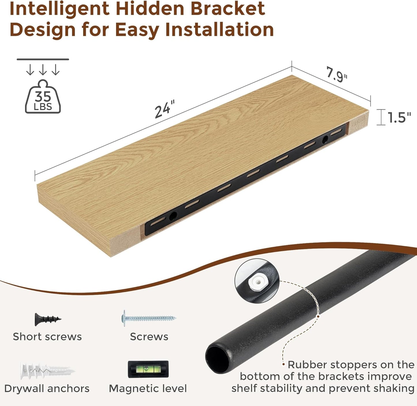 Heimlove 24 Inch Floating Shelves for Wall Oak Shelves Set of 2,Wall Mounted Rustic Wood 8 Inch Deep Floating Shelf with Invisible Brackets for Bedroom Kitchen Living Room